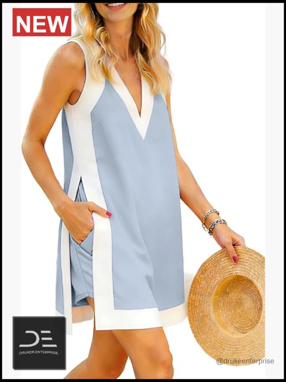 Two Piece Set - Sleeveless V Neck Tunic Top with Shorts
